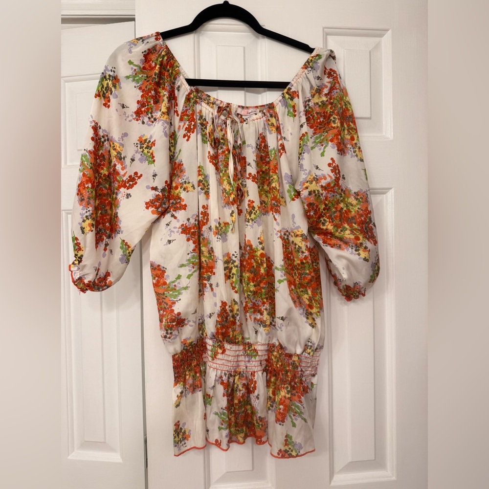 Boho  elastic shoulder top with drop waist band satin poly fabric size large
